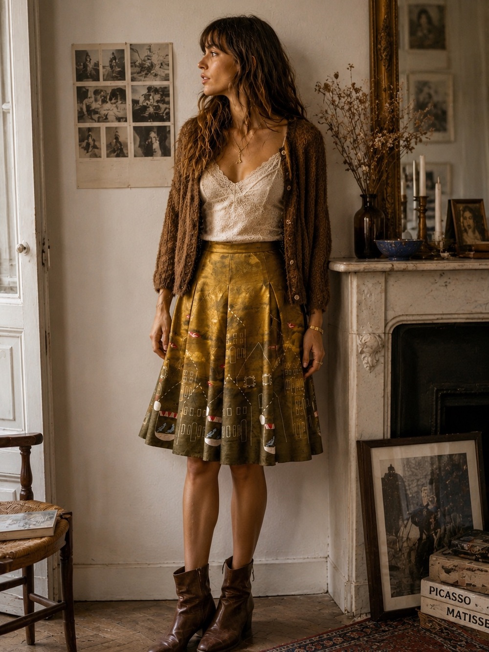 Maeve Anthropologie Silk Blend Pleated A Line Skirt Gold Print 6 Artsy Boho Chic